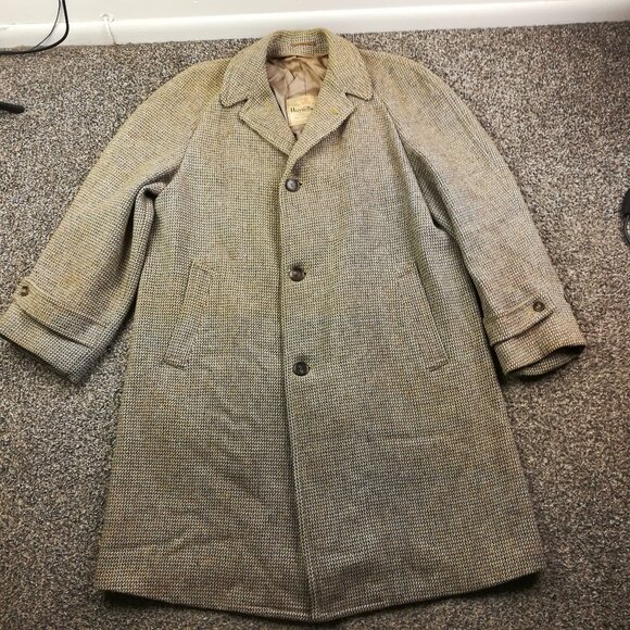 Vintage Harris Tweed Overcoat Mens 44 (XL) Wool Great Dane Year Round Tan Blue - Picture 1 of 15